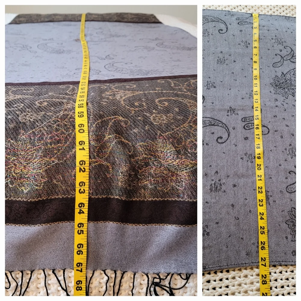 Rainbow Shimmer Paisley Pattern Fringed Scarf/Shawl, Gray & Black